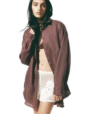 NWT H&M Brown Linen Beach Shirt Large